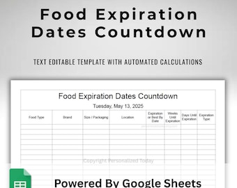 Google Sheets Food Expiration Dates Tracker Text Fillable / Text Editable Spreadsheet Form With Automated Days & Percentage Calculations