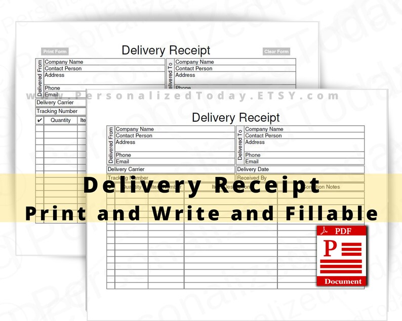 Delivery Receipt Fillable and Print and Write PDF Files US Etsy