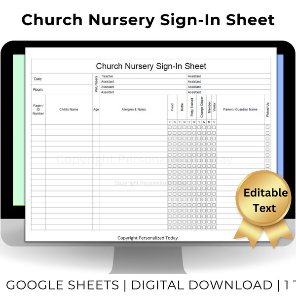 Church Nursery Sign In Sheet Text Editable Google Sheets Template - US Letter Size Printable - Clickable Check Boxes - Kids Church Check In