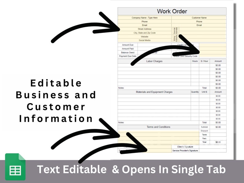 Work Order Job Invoice Google Sheets Editable Spreadsheet Etsy