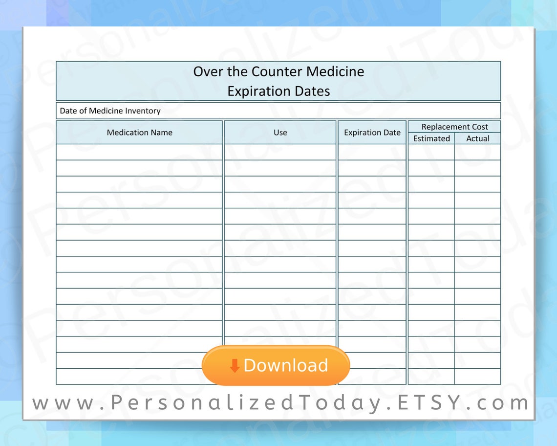 Printable Over The Counter Medication Expiration Date List Log Etsy
