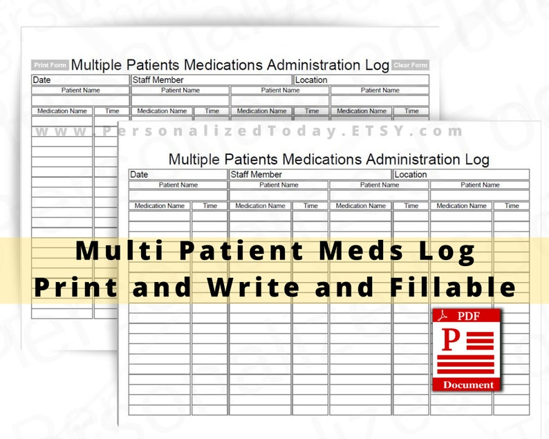 PDF Multiple Patients Medications Log Printable and Text Input Fillable Digital Download Files In US Letter Size