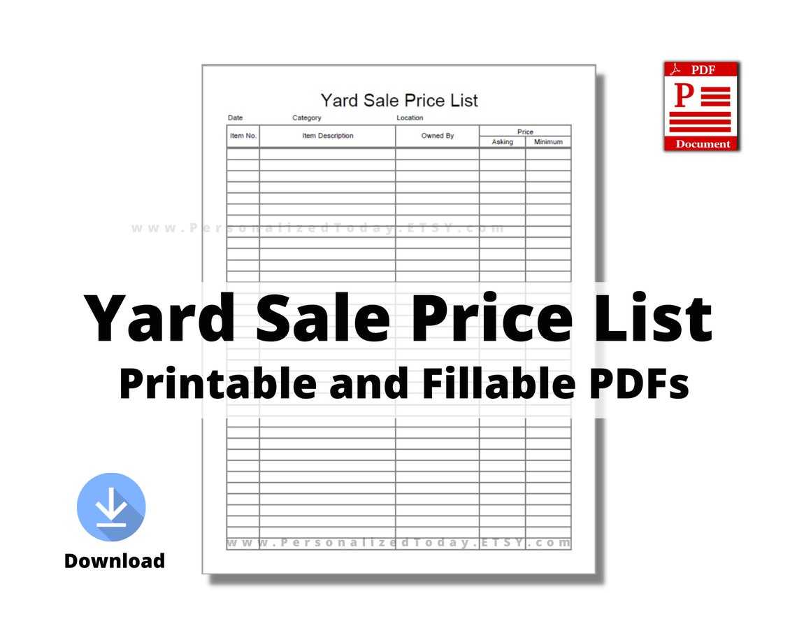 Yard Sale Prices List Fillable and Print and Write PDF Digital Etsy