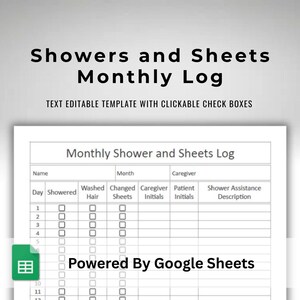 Google Sheets Assisted Living Monthly Shower & Bed Sheets Change Checklist Text Fillable / Text Editable Template With Clickable Check Boxes