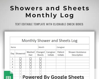 Google Sheets Assisted Living Monthly Shower & Bed Sheets Change Checklist Text Fillable / Text Editable Template With Clickable Check Boxes