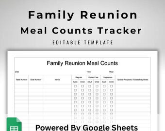 Family Reunion Meal Tracker - Google Sheets Food Count Form for Large Groups - Regular, Gluten Free and Vegetarian Automated Totals