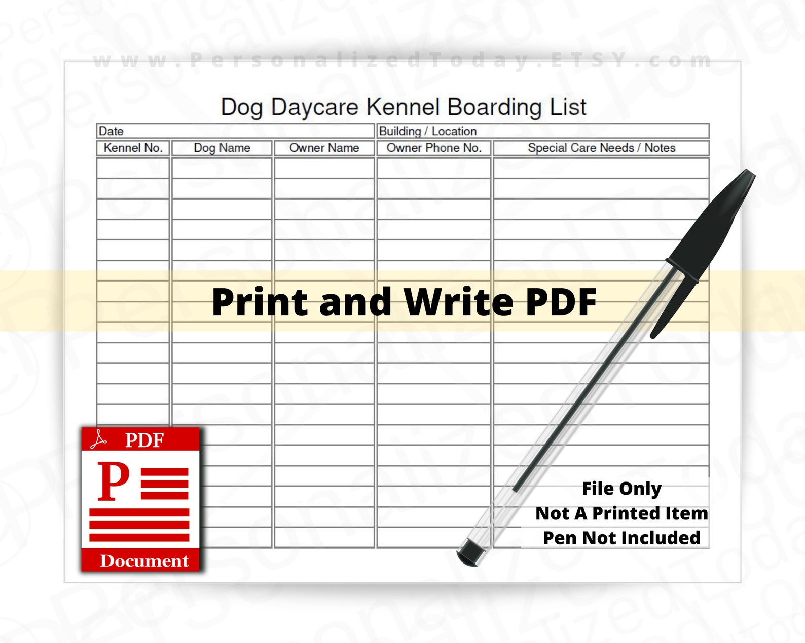 Dog Daycare Kennel Boarding List Fillable and Print and Write | Etsy