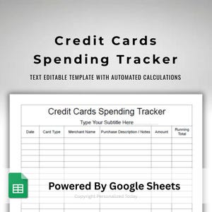 Google Sheets Credit Card Spending Tracker - Multiple Credit Cards Purchases Record - Auto Calculating Spending Template With Editable Text