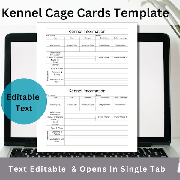 Google Sheets Kennel Crate Card Template For Pet Care and Emergency Information Text Editable / Fillable and Printable Forms - 2 Per Page