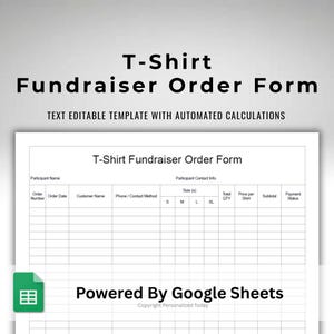T-Shirt Fundraiser Order Form Template - T Shirt Sizes and Prices Totals Form - Text Editable Google Sheets Template - Printable Download