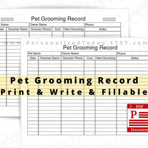 Printable Dog Grooming Record Sheet Fillable and Print and Etsy