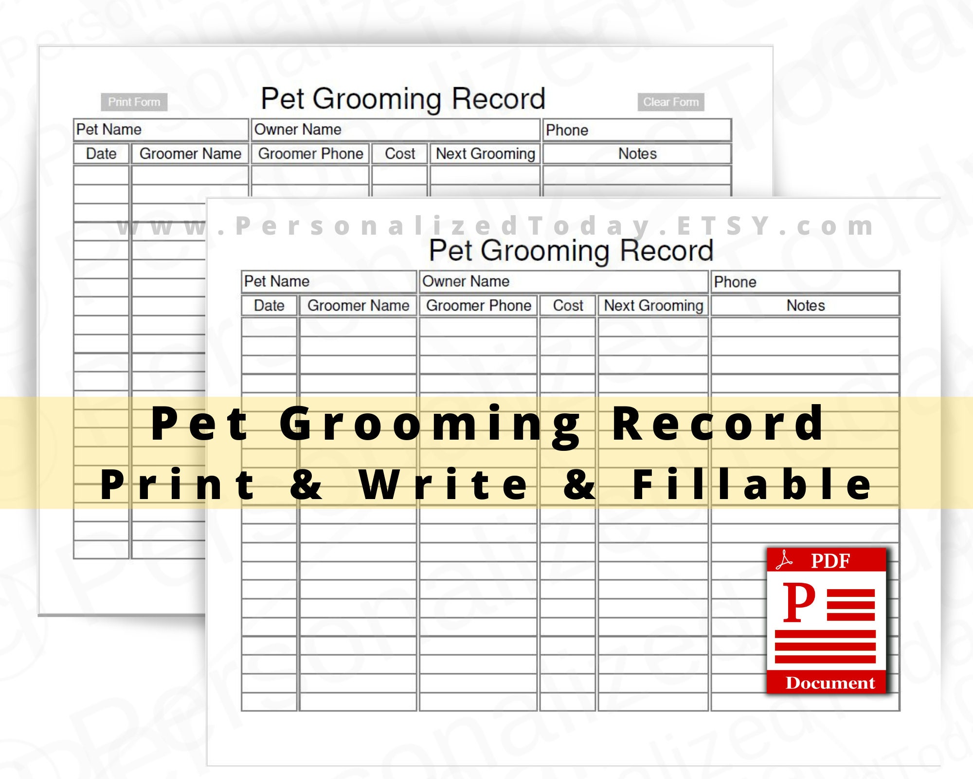 Pet Grooming Record Fillable and Print and Write PDF Files US  Etsy Pertaining To Dog Grooming Record Card Template