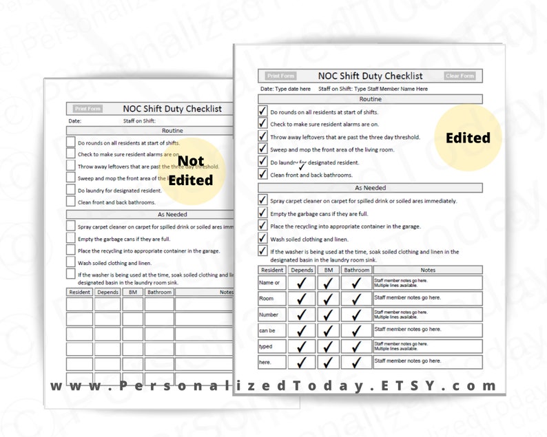 Assisted Living Shift Checklists for A.M., P.M. and NOC Shifts Digital