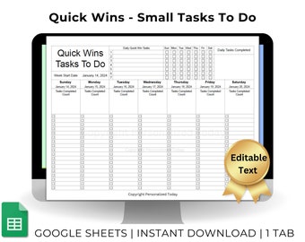 Quick Wins Action Steps Habits and Goals Tracker - Text Editable Google Sheets Template - Automated Counts of To Do List Check Boxes