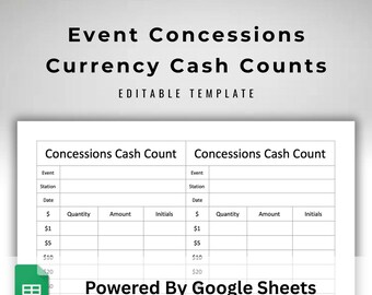 Event Coordinator Cash Count Sheet - Concession Stand Money Log - Multi Station Register Till Balance - Cash Box Tracker - Google Sheets