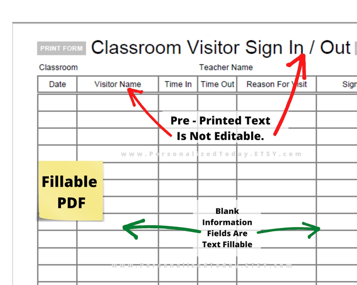 Printable Classroom Visitor Sign in and Sign Out Sheet Etsy
