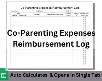 Co-Parenting Expenses Reimbursement Log Google Sheets Editable Spreadsheet Template With Automatic Calculations and Text Fillable Title