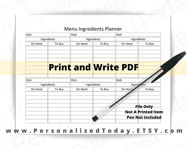 Menu Ingredients Planner Meal Planning Printable PDF Download Etsy