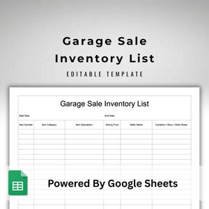 Peut inclure: Un modèle de liste d'inventaire de vente de garage blanc avec le texte "Garage Sale Inventory List" et "Editable Template". Le modèle comprend des champs pour le numéro d'article, la catégorie, la description, le prix, le vendeur et les notes. Le logo Google Sheets est visible.