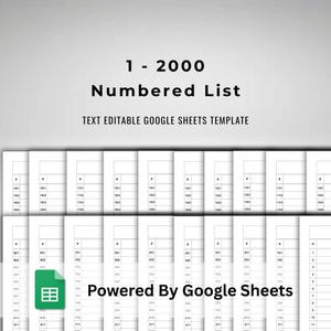 May include: A digital template for Google Sheets, featuring a numbered list from 1 to 2000. The text "Numbered List" is prominently displayed, along with "TEXT EDITABLE GOOGLE SHEETS TEMPLATE" and "Powered By Google Sheets".