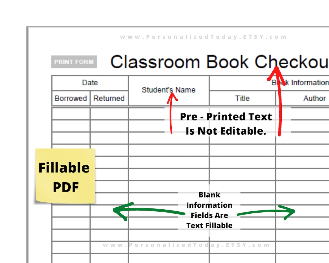 Printable Class Book Sign Out Sheet Fillable and Printable PDF Etsy