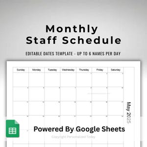 Google Sheets Monthly Staff Schedule Calendar Text Fillable / Text Editable Spreadsheet Form With Updatable Month