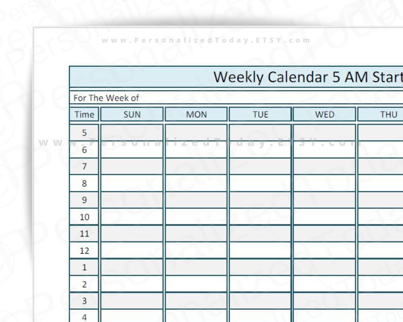 Printable Weekly Planner 5 AM Start Hourly Ending With 910 PM Etsy