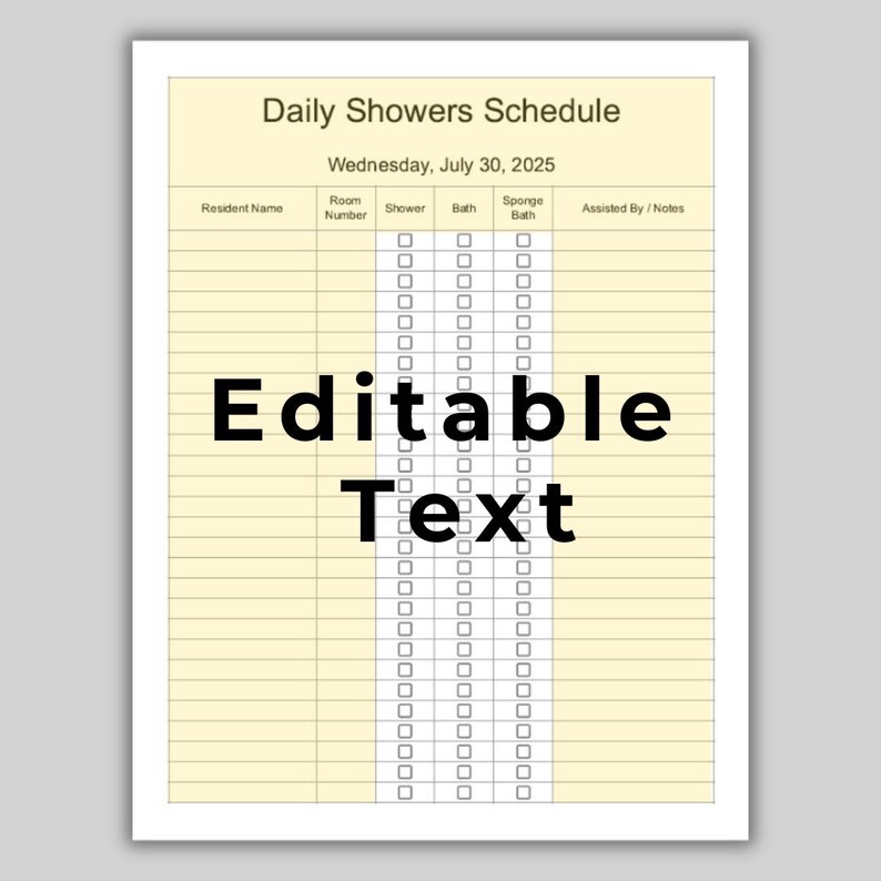 Care Facility Daily Bathing & Shower Schedule - Editable Assisted ...
