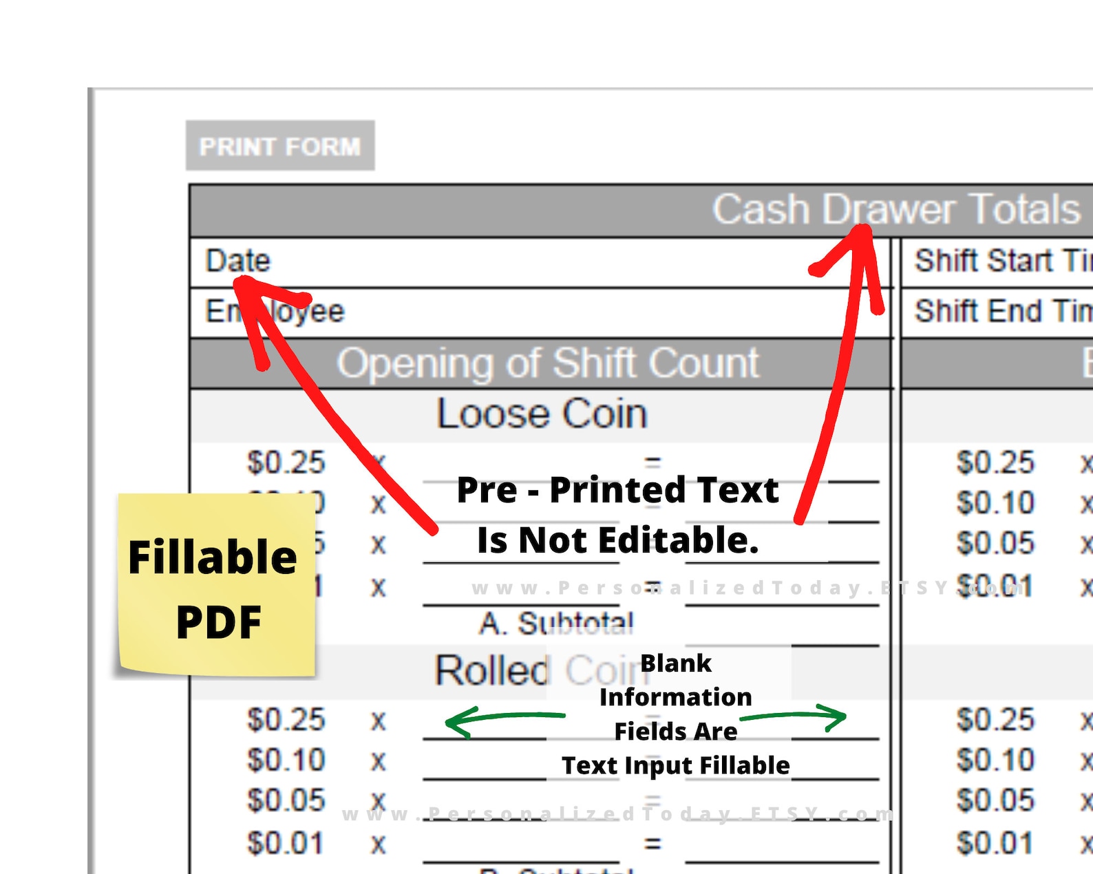Printable Business Cash Register Drawer Count Breakdown Sheet Print and