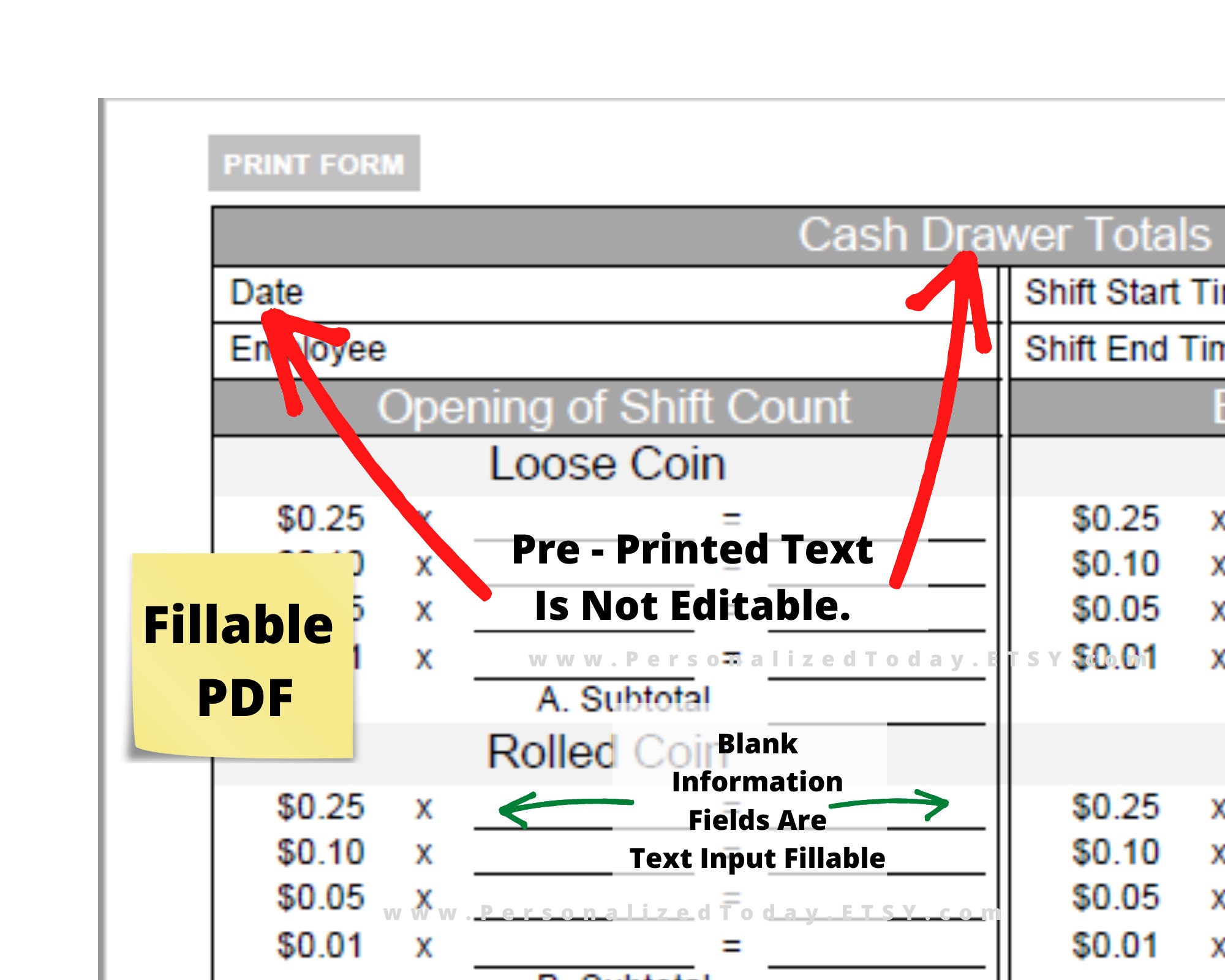 Printable Business Cash Register Drawer Count Breakdown Sheet Print and ...
