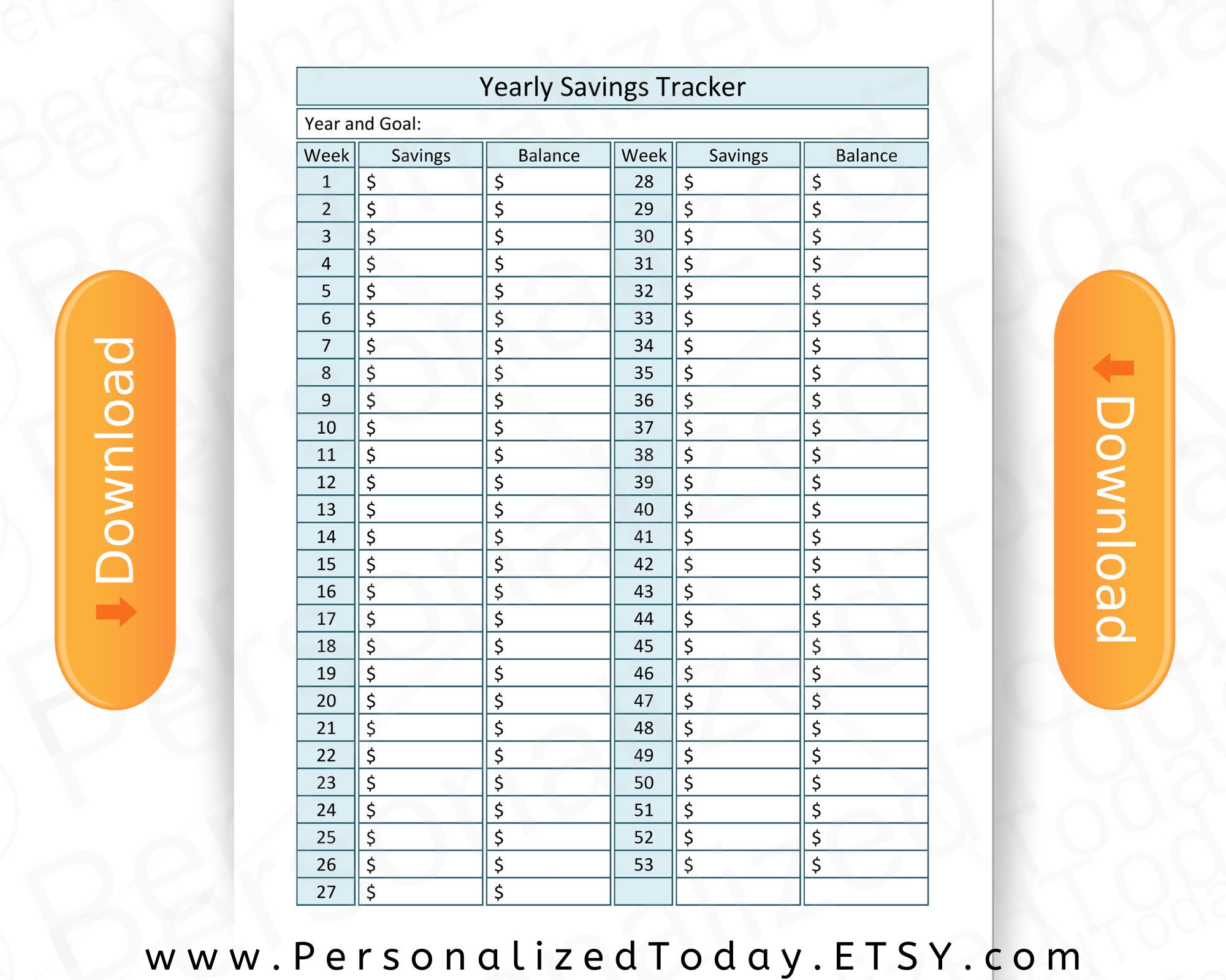Printable Weekly Yearly Savings Goal Worksheets For Personal | Etsy