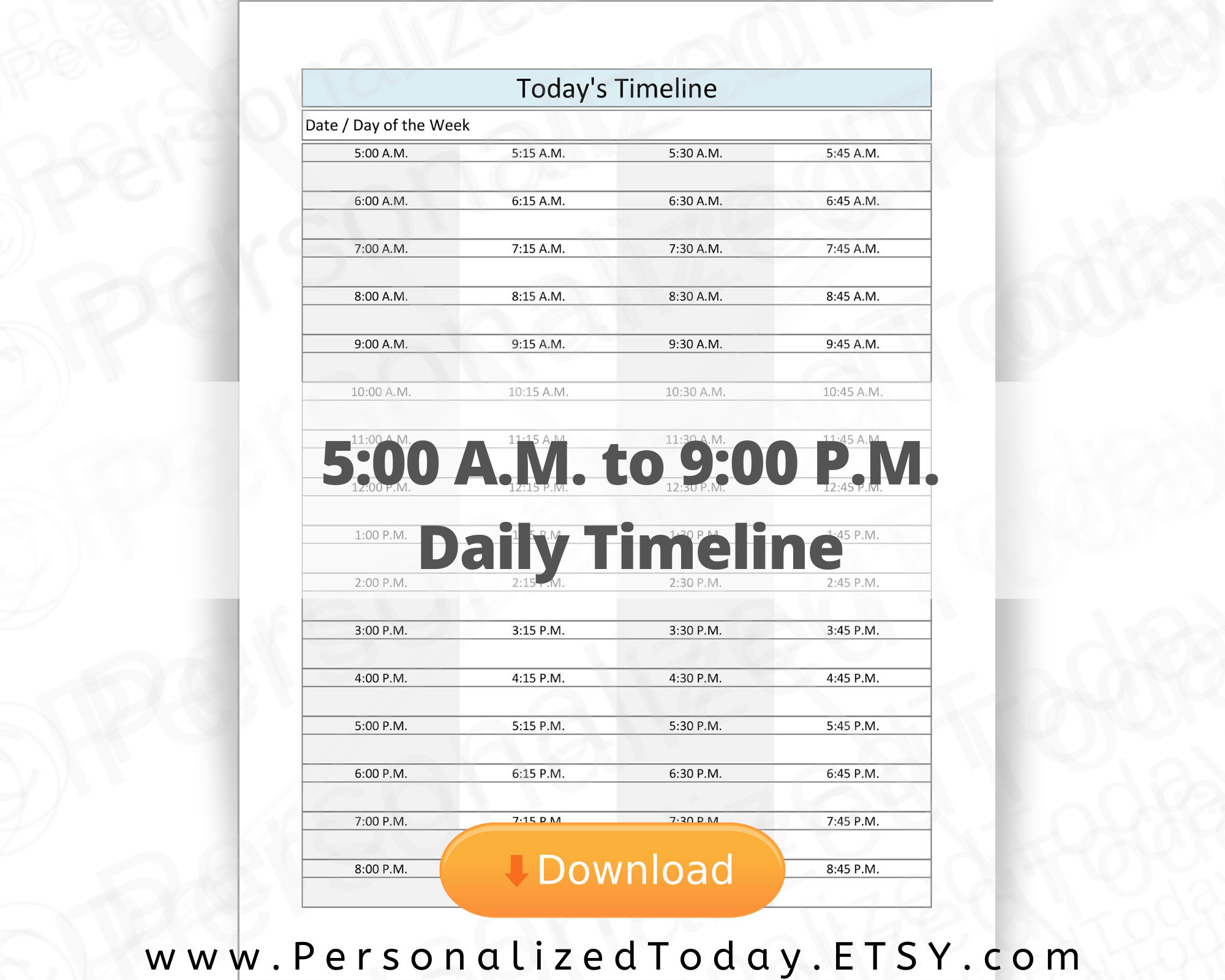 Printable 5 A.M. Start Daily Timeline 15 Minute Increments - Etsy Israel