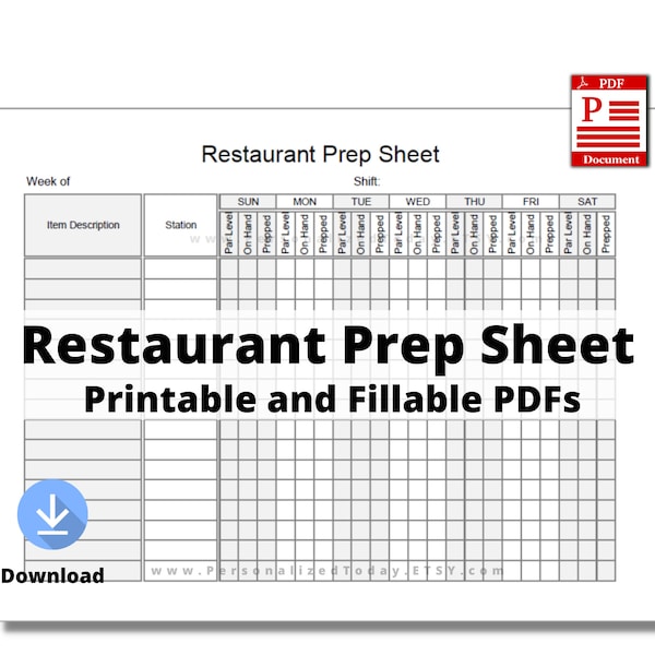 Printable Restaurant Prep Sheet Fillable and Print and Write PDF Files US Letter Size Not A Fully Editable Template