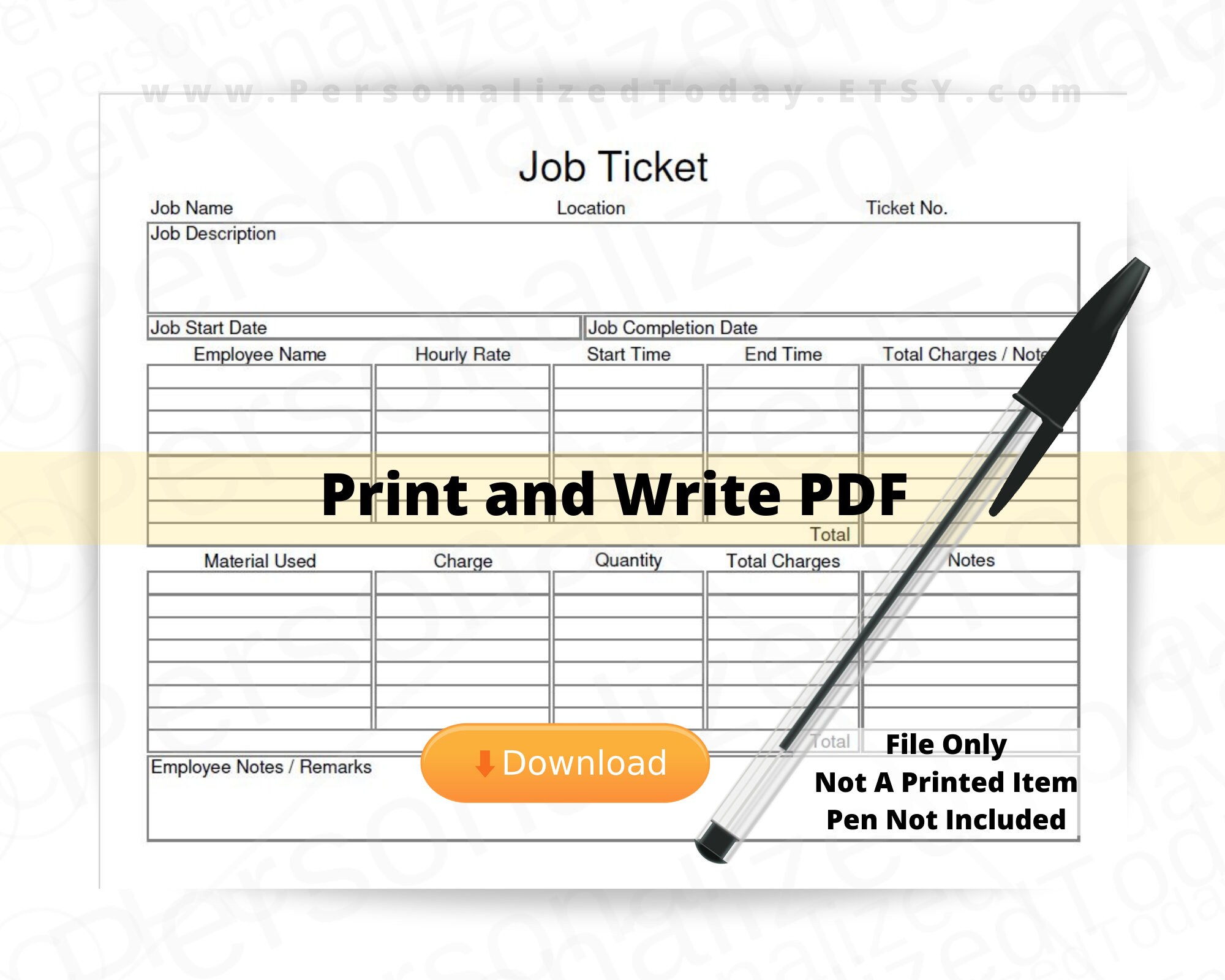 PDF Job Ticket Work Order Form Fillable Printable Only and Etsy