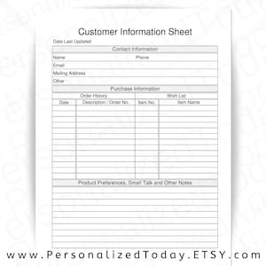 Printable Direct Sales Customer Information Sheet PDF Digital | Etsy