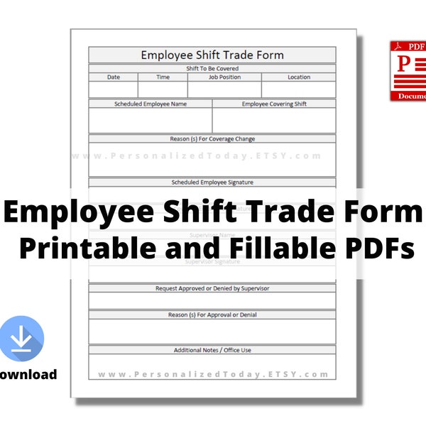 Printable Employee Shift Trade Form Print and Write and Fillable PDF Digital Downloads US Letter Size Not A Fully Editable Template