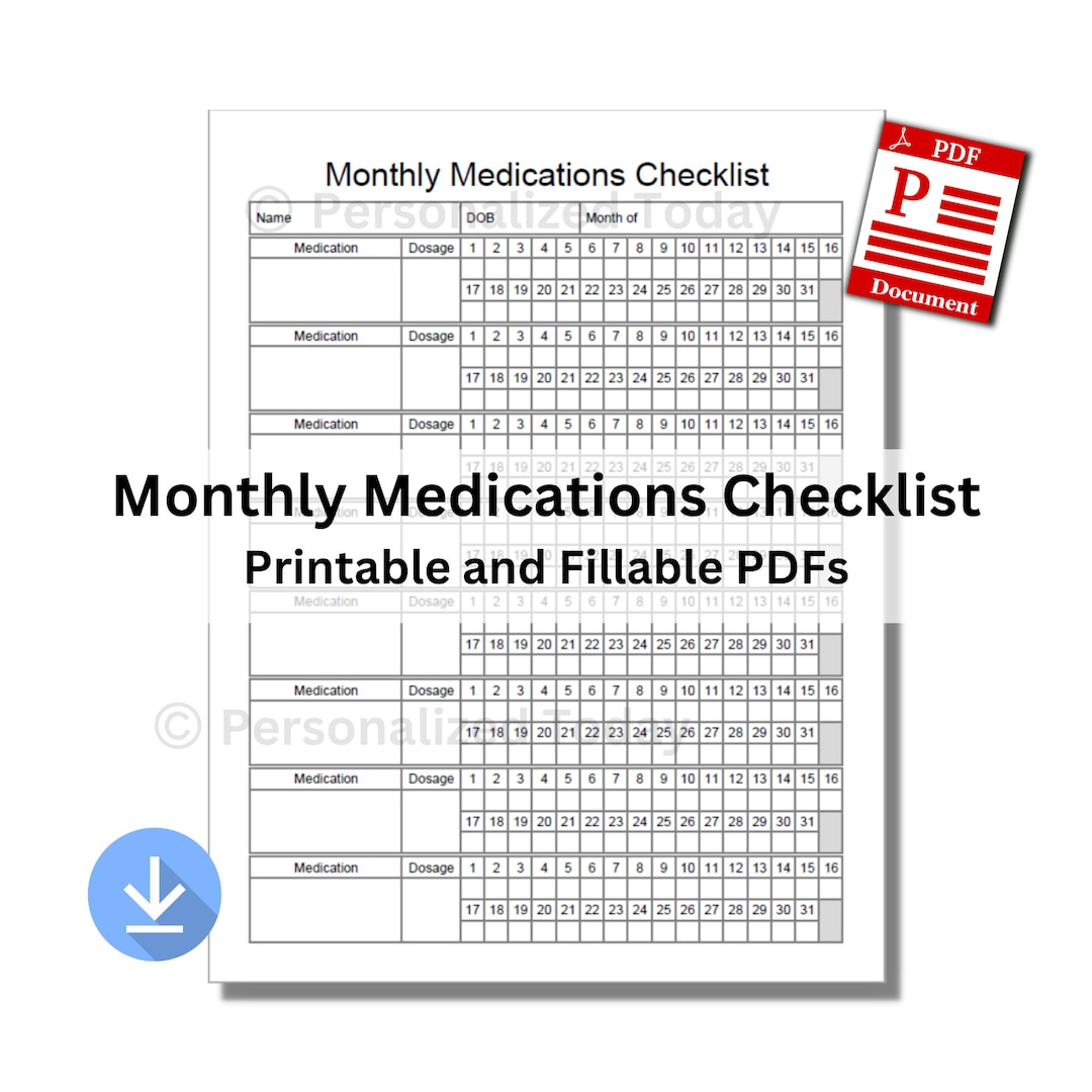PDF Daily Monthly Medications Checklist 1 Printable & 1 Text - Etsy