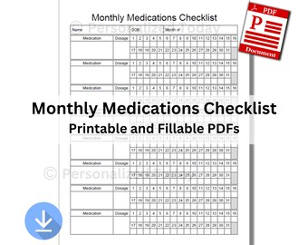 PDF Daily Monthly Medications Checklist 1 Printable & 1 Text Input Fillable US Letter Size Digital Download Not Fully Editable Templates