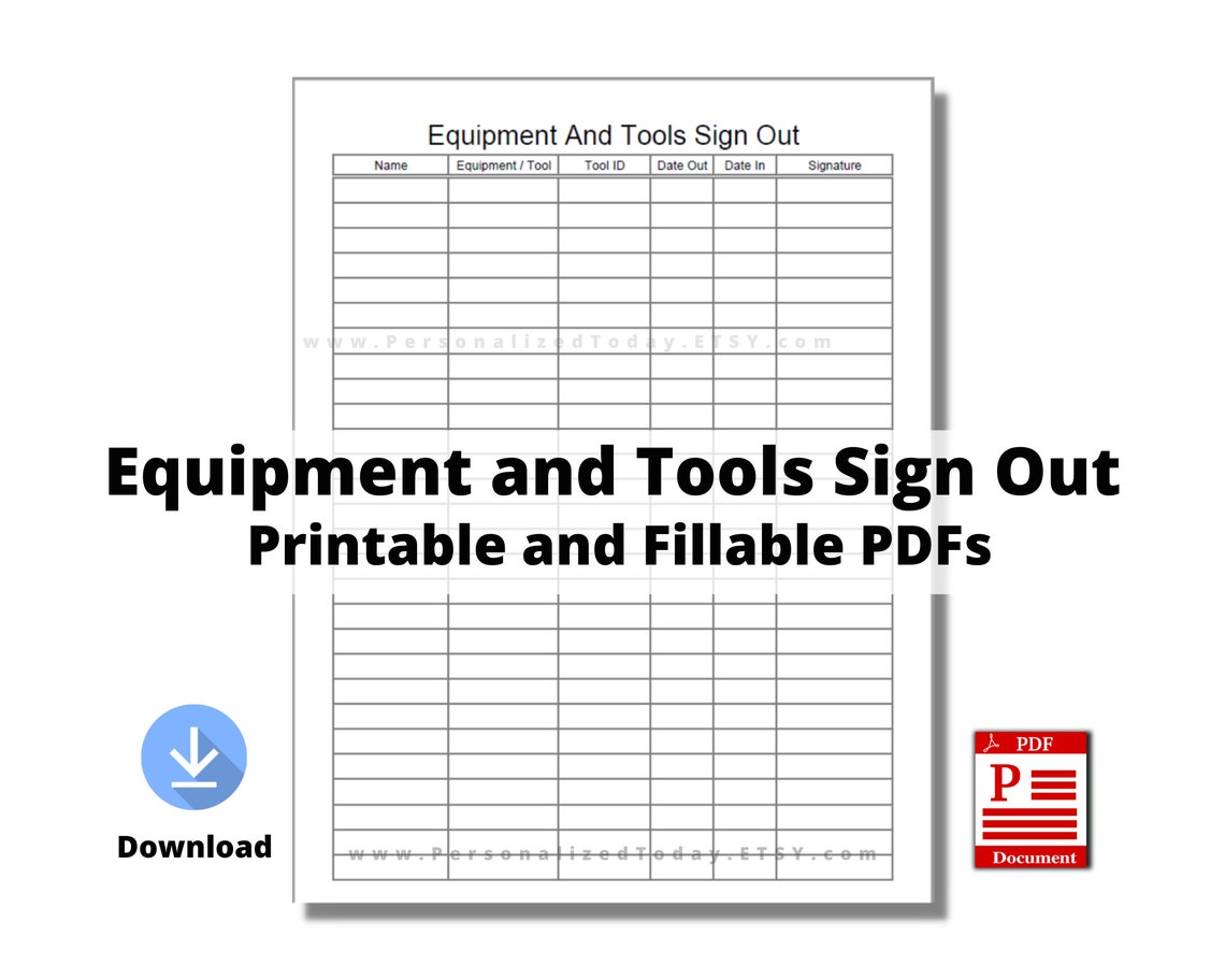 Equipment and Tools Sign Out Sheet Fillable and Printable PDF Digital