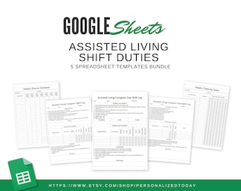 Text Editable Assisted Living Shift Duties Bundle 5 Google Sheets Templates AM, PM and Overnight Logs and Weekly Shower & Cleaning Schedules