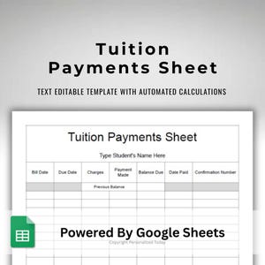 Google Sheets Tuition Payments Tracker - Student Tuition Amounts Due and Paid - Tuition Balance Owed Record - Auto Calculating Text Editable