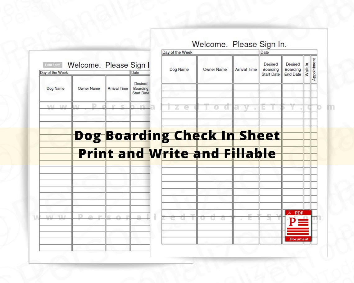 Dog Boarding Check In Sheet Fillable and Print and Write PDF Etsy