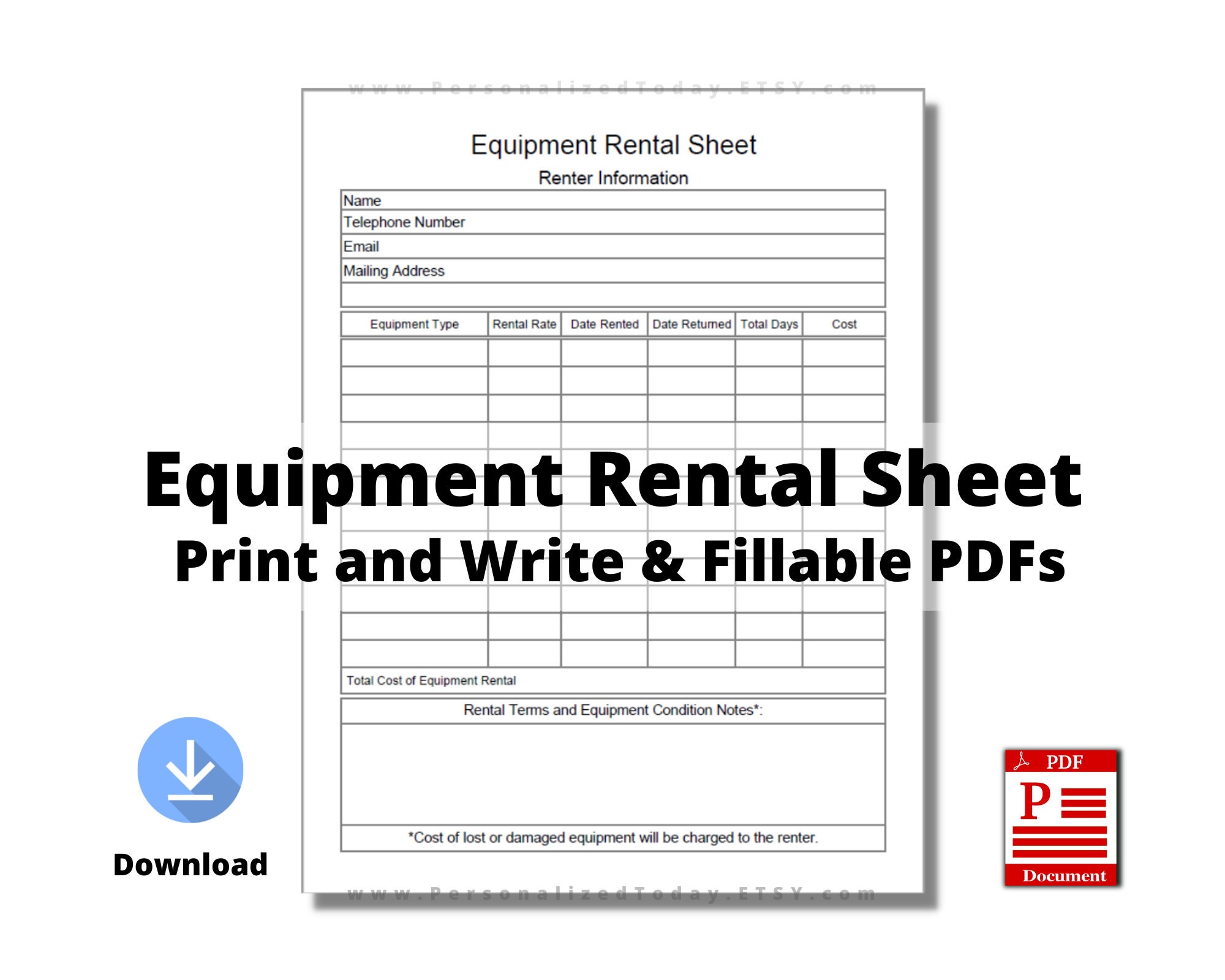 Equipment Rental Sheet Printable PDF Rate and Condition Checkout for