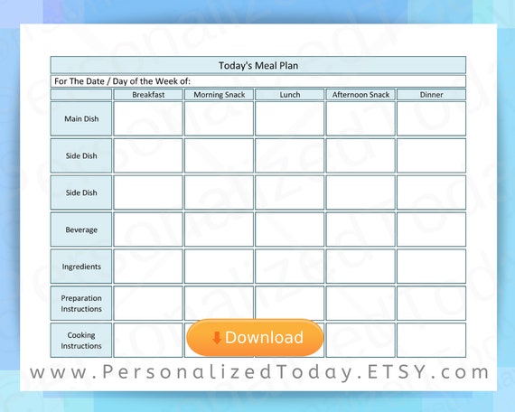 Printable Daily Menu 1 Day Meal Planning PDF Print and Write | Etsy