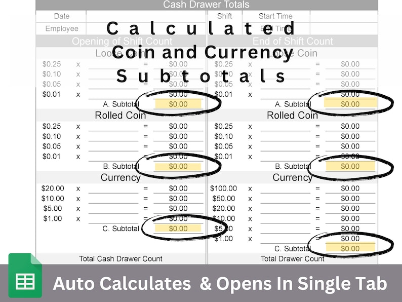 Cash Register Count Single Shift Google Sheets Editable Spreadsheet