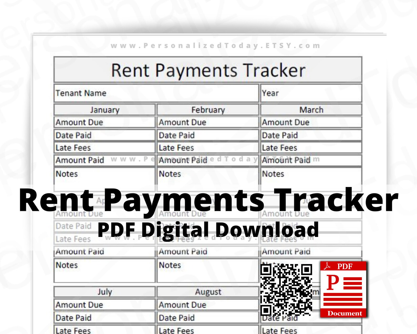 Monthly Yearly Tenant Rent Payments Tracker Fillable and Etsy