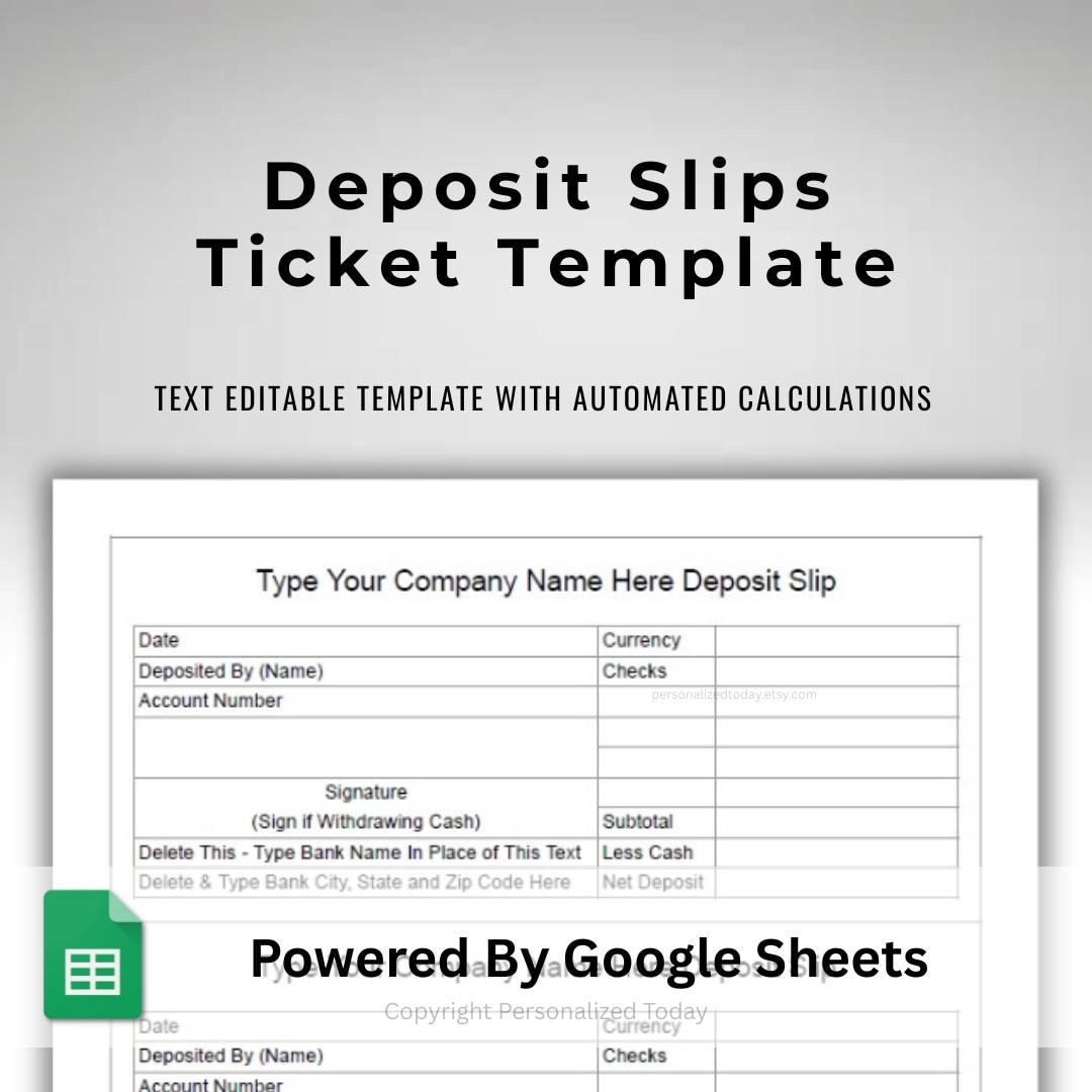 Bank Deposit Tickets Template - Text Editable Template for Google Sheets - Automated Totals Calculations - Customizable Deposit Slip Forms - Etsy for Free Printable Printable Deposit Slip Template