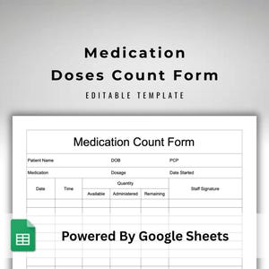 Pode incluir: Um modelo de formulário de contagem de doses de medicamentos branco com o texto "Modelo editável" no topo. O formulário inclui campos para informações do paciente, detalhes do medicamento e rastreamento da dosagem. O formulário é "Powered By Google Sheets".