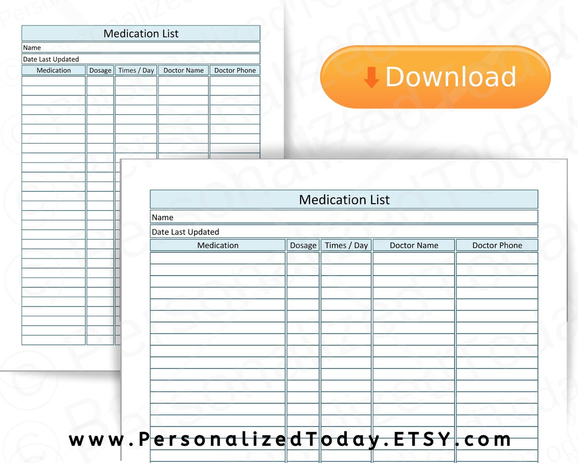 Print and Write PDF Medication List Medicine Names Dosage Etsy