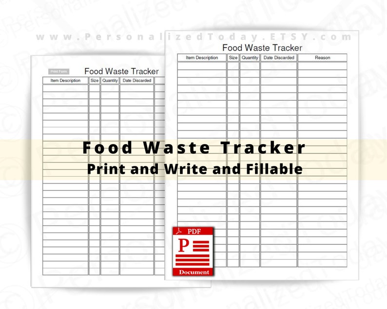 Food Waste Tracker Fillable and Print and Write PDF Digital Etsy